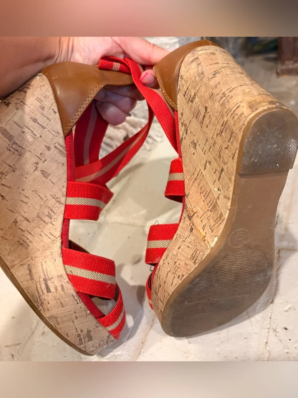 Merona Cork Wedge Sandals Red Stripe Size 6